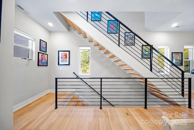 1115 Greenleaf Ave Unit B, Charlotte, NC 28202 - stairs with recessed lighting, baseboards, visible vents, and wood finished floors