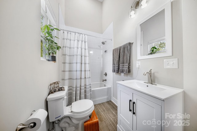 1115 Greenleaf Ave Unit B, Charlotte, NC 28202 - full bathroom with shower / bath combination with curtain, wood finished floors, vanity, baseboards, and toilet