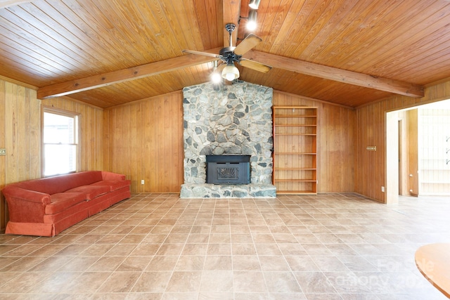 567 Willie Ln, York, SC 29745 - tiled living area featuring wooden walls, built in shelves, wooden ceiling, and ceiling fan
