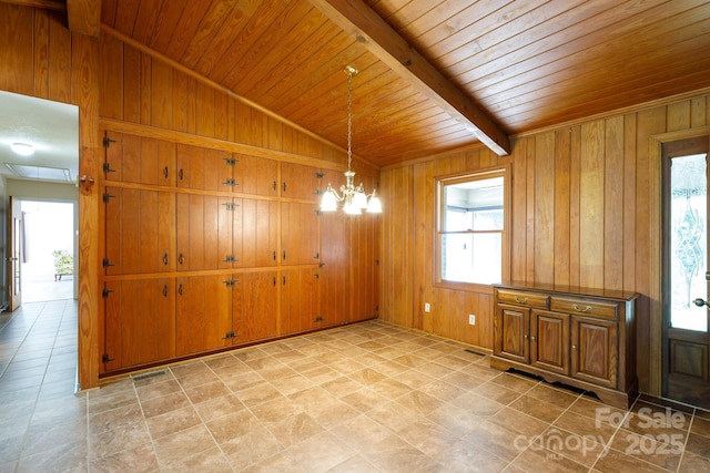 567 Willie Ln, York, SC 29745 - unfurnished dining area featuring vaulted ceiling with beams, visible vents, wooden walls, an inviting chandelier, and wooden ceiling