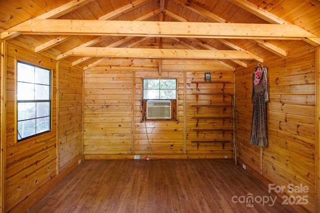 567 Willie Ln, York, SC 29745 - bonus room with wood walls, cooling unit, lofted ceiling with beams, and dark wood-style floors
