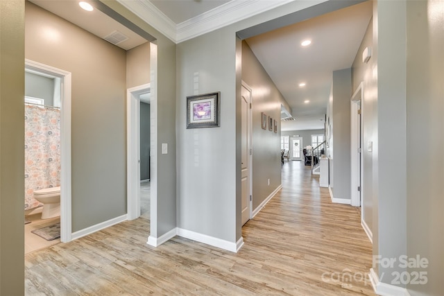 4083 Home Grown Way, Clover, SC 29710 - corridor featuring light wood finished floors, baseboards, ornamental molding, visible vents, and recessed lighting