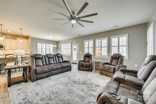 4083 Home Grown Way, Clover, SC 29710 - living room featuring ceiling fan with notable chandelier, visible vents, and recessed lighting