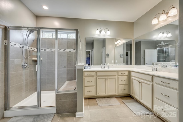4083 Home Grown Way, Clover, SC 29710 - full bathroom with a sink, tile patterned flooring, a shower stall, and double vanity
