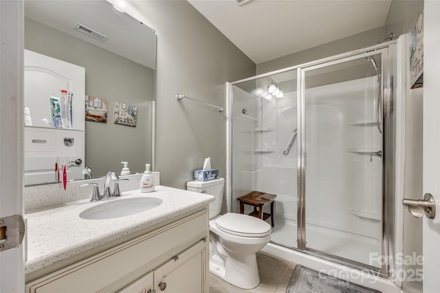 4083 Home Grown Way, Clover, SC 29710 - bathroom featuring tile patterned flooring, visible vents, toilet, vanity, and a stall shower