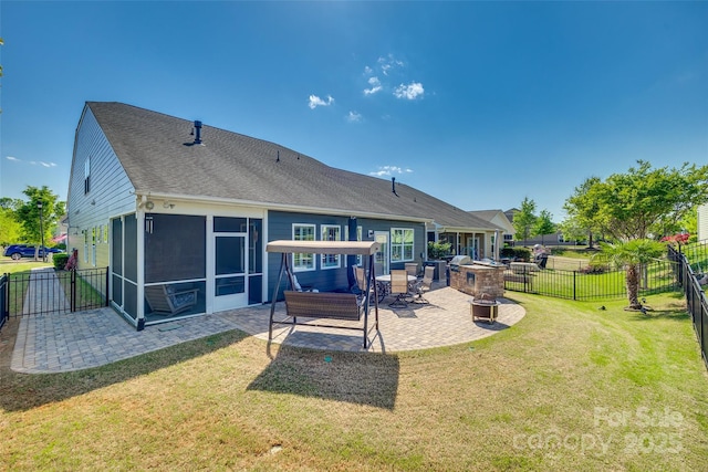 4083 Home Grown Way, Clover, SC 29710 - rear view of house featuring a fenced backyard, roof with shingles, a patio area, a lawn, and a sunroom