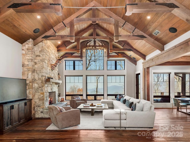 61 Back Bone Way Unit 203, Sylva, NC 28779 - living area featuring a chandelier, wooden ceiling, visible vents, and beam ceiling