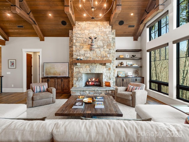 61 Back Bone Way Unit 203, Sylva, NC 28779 - living area featuring wood ceiling, wood finished floors, high vaulted ceiling, beam ceiling, and a fireplace