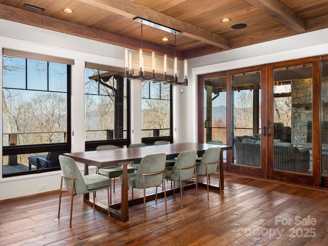 61 Back Bone Way Unit 203, Sylva, NC 28779 - dining room featuring dark wood finished floors, wood ceiling, french doors, and beamed ceiling