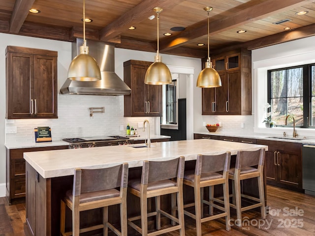 61 Back Bone Way Unit 203, Sylva, NC 28779 - kitchen featuring wooden ceiling, wall chimney exhaust hood, dark wood-type flooring, and a sink