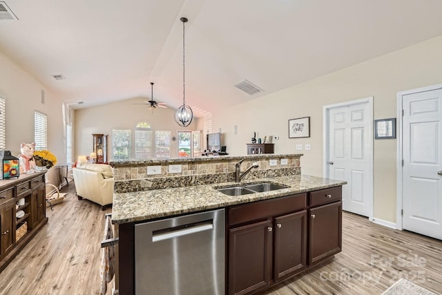 3939 Archer Notch Ln, Huntersville, NC 28078 - kitchen featuring stainless steel dishwasher, a sink, light wood-type flooring, ceiling fan, and lofted ceiling