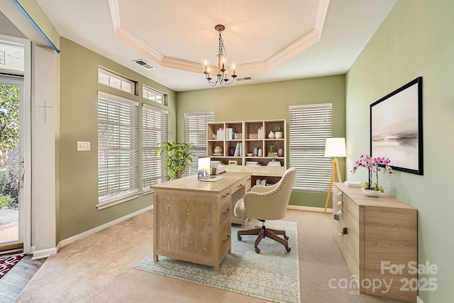 3939 Archer Notch Ln, Huntersville, NC 28078 - office area with a tray ceiling, a chandelier, ornamental molding, plenty of natural light, and baseboards