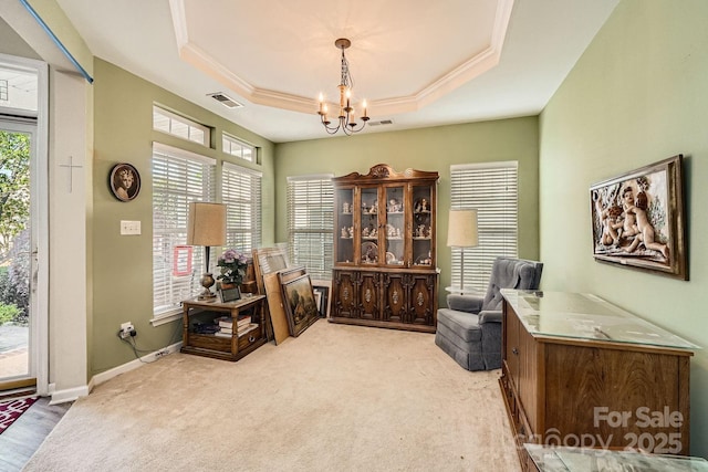 3939 Archer Notch Ln, Huntersville, NC 28078 - home office with a chandelier, crown molding, plenty of natural light, a tray ceiling, and carpet