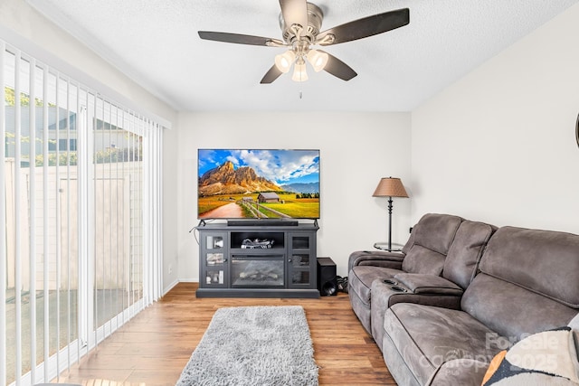 7407 Mystic Ln, Charlotte, NC 28227 - living room featuring a ceiling fan, wood finished floors, and a textured ceiling