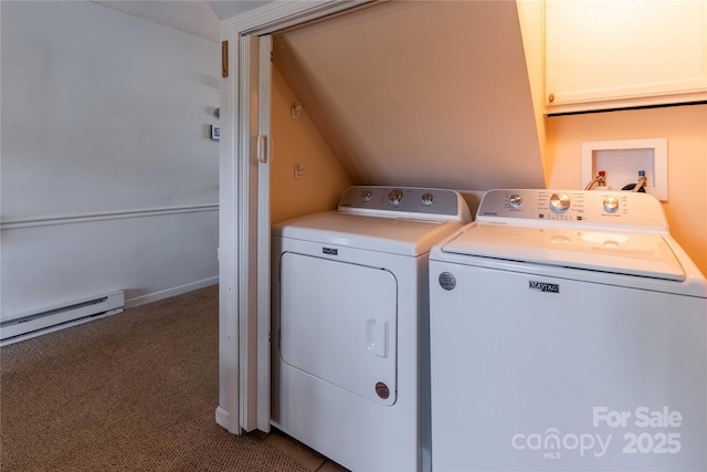 clothes washing area featuring washer and clothes dryer, carpet floors, and baseboard heating