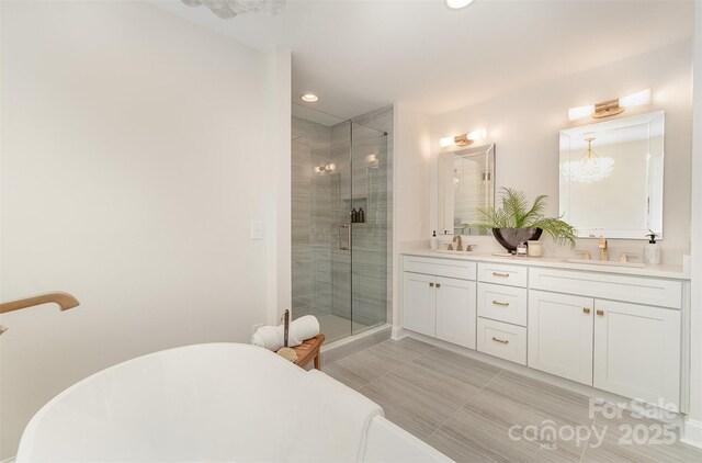426 Walden Trl, Waxhaw, NC 28173 - bathroom with double vanity, a sink, recessed lighting, and a shower stall