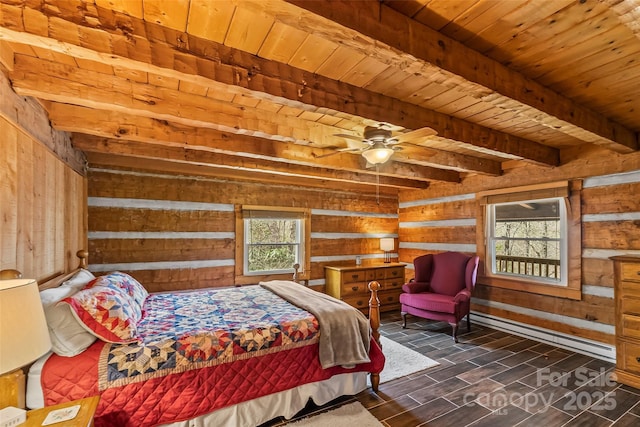 bedroom with beamed ceiling, a baseboard radiator, wood walls, and wood ceiling