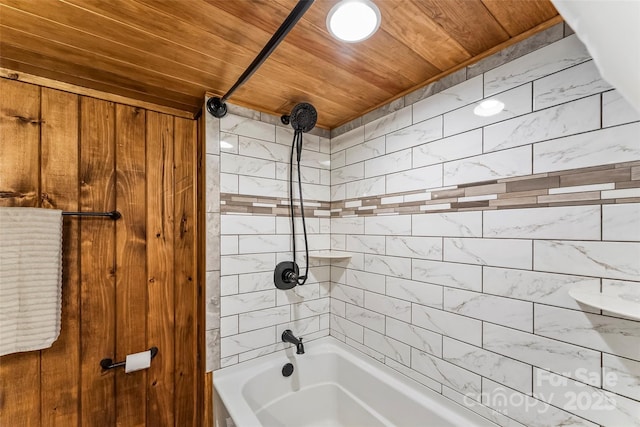 full bath with wood ceiling and shower / bathing tub combination