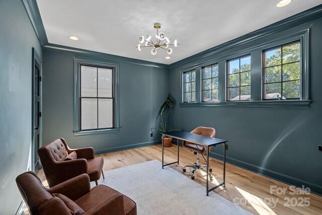 office with a chandelier, wood finished floors, baseboards, and recessed lighting