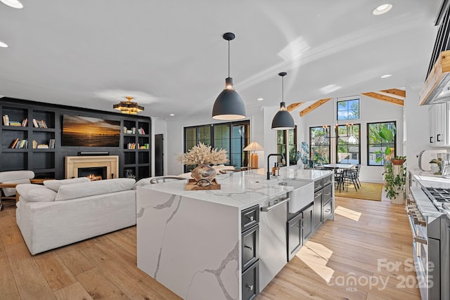 kitchen with recessed lighting, a warm lit fireplace, stainless steel appliances, and a sink