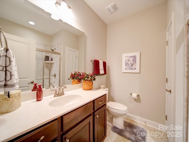 full bath with toilet, a stall shower, vanity, baseboards, and visible vents