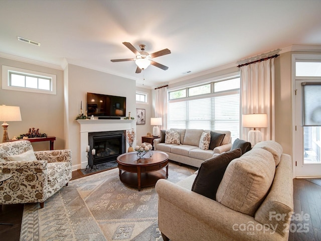 living room featuring crown molding, wood finished floors, a fireplace with flush hearth, ceiling fan, and visible vents
