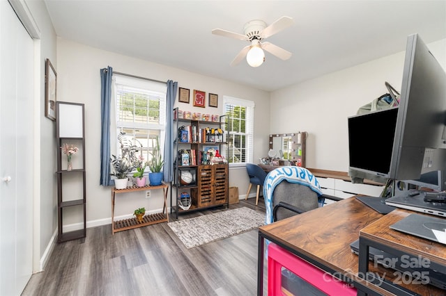 office area featuring baseboards, a ceiling fan, and wood finished floors