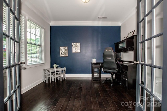 10707 Charmont Pl, Huntersville, NC 28078 - office featuring wood finished floors, crown molding, french doors, and baseboards