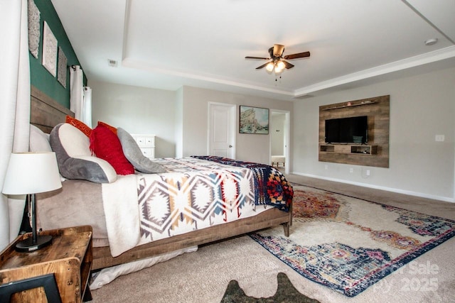 10707 Charmont Pl, Huntersville, NC 28078 - bedroom featuring a raised ceiling, carpet floors, baseboards, and a ceiling fan