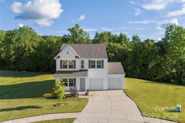 view of front of house featuring concrete driveway, roof with shingles, a garage, and a front yard