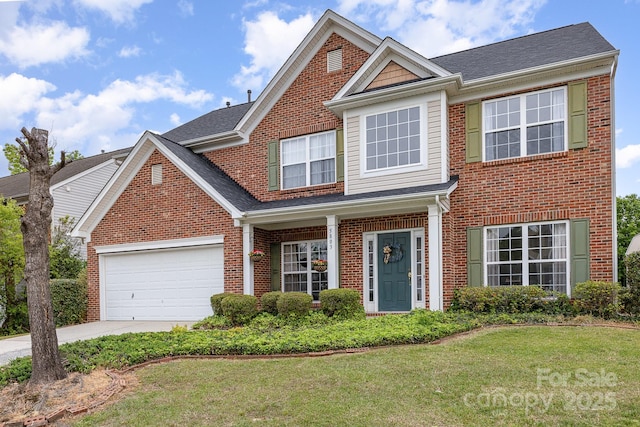 traditional-style home with a shingled roof, brick siding, a garage, a front yard, and concrete driveway