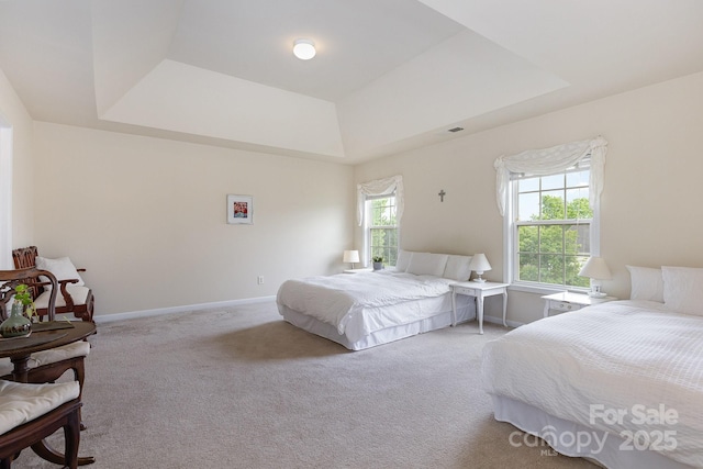 bedroom with a raised ceiling, multiple windows, baseboards, and carpet flooring
