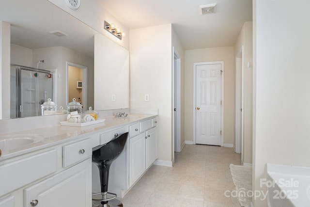 bathroom featuring visible vents, tile patterned flooring, double vanity, a shower stall, and a sink