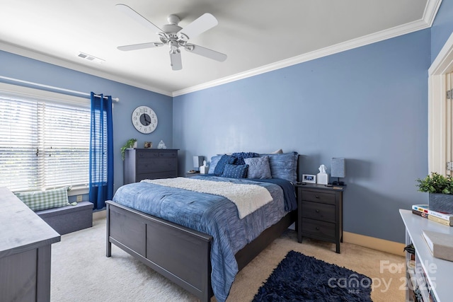 bedroom featuring light colored carpet, ornamental molding, and visible vents