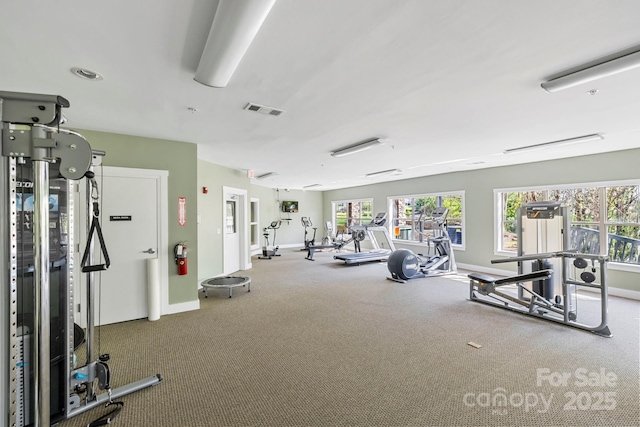 workout area with carpet floors, visible vents, and baseboards