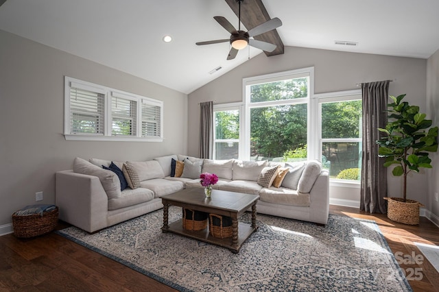 3017 Winged Teal Ct, Belmont, NC 28012 - living room featuring visible vents, wood finished floors, a ceiling fan, and vaulted ceiling with beams