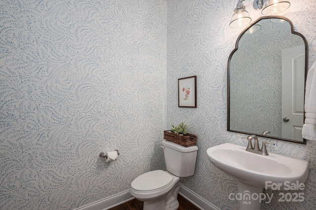 3017 Winged Teal Ct, Belmont, NC 28012 - bathroom with wallpapered walls, toilet, wood finished floors, and a sink