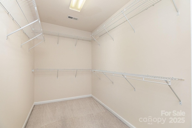 spacious closet featuring visible vents and light colored carpet