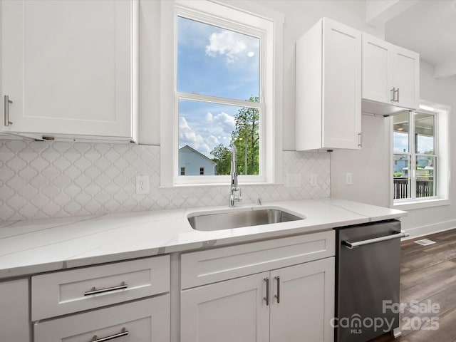 kitchen featuring a sink, stainless steel dishwasher, white cabinets, light stone counters, and plenty of natural light