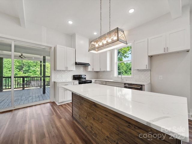 kitchen with black range with electric stovetop, a sink, stainless steel dishwasher, white cabinets, and dark wood-style floors