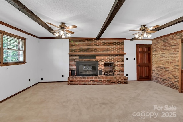 182 Freedom Mill Rd, Gastonia, NC 28052 - unfurnished living room featuring a brick fireplace, ceiling fan, beamed ceiling, and carpet floors