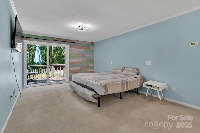182 Freedom Mill Rd, Gastonia, NC 28052 - bedroom featuring access to outside, ornamental molding, carpet flooring, baseboards, and a textured ceiling