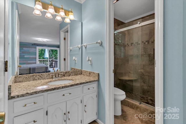 182 Freedom Mill Rd, Gastonia, NC 28052 - bathroom featuring crown molding, a stall shower, toilet, tile patterned floors, and vanity