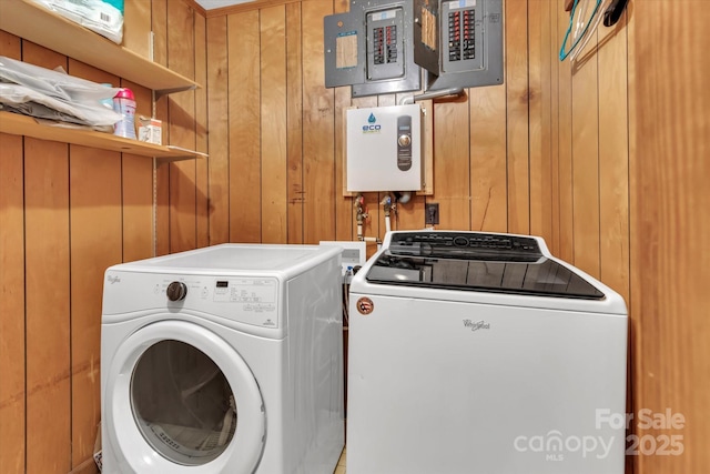 182 Freedom Mill Rd, Gastonia, NC 28052 - washroom featuring wooden walls, laundry area, and independent washer and dryer