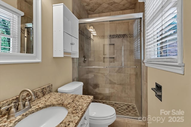 182 Freedom Mill Rd, Gastonia, NC 28052 - full bathroom with a stall shower, toilet, vanity, and plenty of natural light