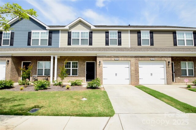 525 San Marco Dr, Gastonia, NC 28056 - view of front of property with a porch, concrete driveway, brick siding, an attached garage, and a front yard