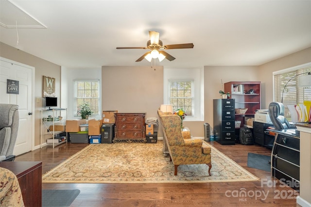 106 S Oakwood Dr, Kings Mountain, NC 28086 - living room with attic access, wood finished floors, a healthy amount of sunlight, and a ceiling fan