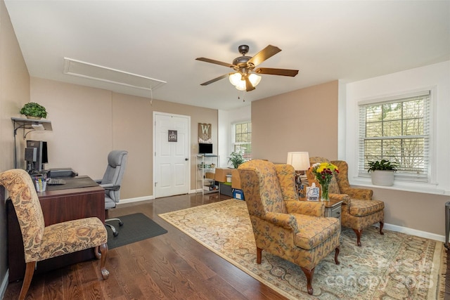 106 S Oakwood Dr, Kings Mountain, NC 28086 - office area featuring attic access, wood finished floors, a healthy amount of sunlight, and a ceiling fan
