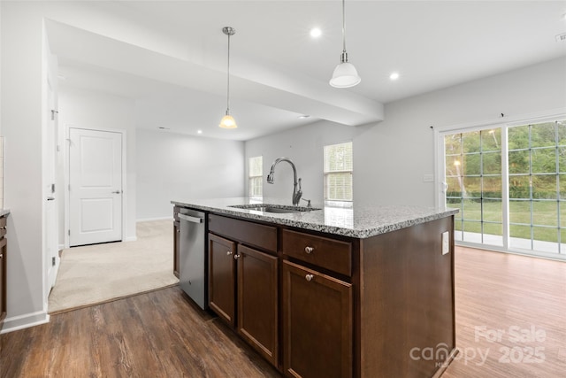 1933 Tin Roof Ln, Monroe, NC 28112 - kitchen with dark brown cabinetry, recessed lighting, dark wood-style flooring, dishwasher, and a sink