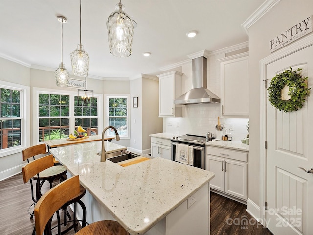 kitchen with dark wood-style floors, a sink, wall chimney exhaust hood, decorative backsplash, and stainless steel electric stove